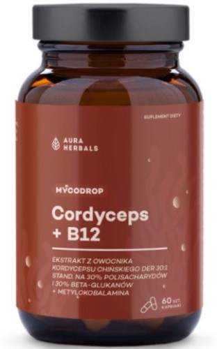 Aura Herbals Mycodrop - Cordyceps 30:1 + B12, 30% beta-glukan - 60 kapsułek