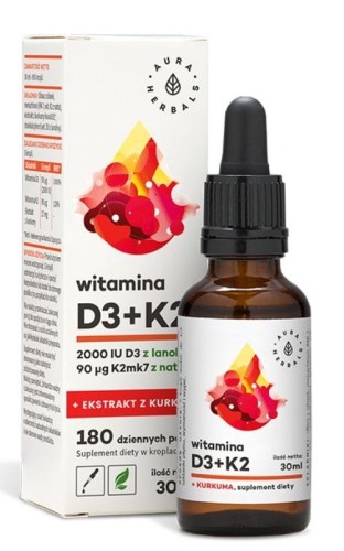 Witamina D3 (2000IU) + K2MK7 + ekstrakt z kurkumy NovaSOL (30ml) Aura Herbals